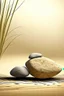 Placeholder: delicate background with spa stones and a bamboo stem, in the background sand on the stones abstract silhouette meditation, photorealistic photo