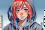 Placeholder: An anime young adult female with medium length bright red hair, she has brown eyes, wearing a black hoodie, realistic, slight smile