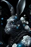 Placeholder: Black Rabbit portrait, textured detailed fur adorned with baroque style grey and black and rlight blue bioluminescence pearls, white lily and black diamond headdress, florals, organic bio spinal ribbed detail of detailed creative 3d baroque style light white floral by moonlight background extremely detailed hyperrealistic maximálist concept art