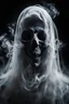Placeholder: close up of a Ghost, luminated, ghost in motion, transparent white smoke, black background, ultra detailed, creepy, horror mood, sinister, surreal cinematic