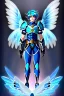 Placeholder: a human male with blue short hair and blue wings in assymetrical armor with geometric patterns and a book in hand