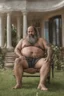 Placeholder: half figure shot photography of a ugly hairy burly strong chubby gipsy shirtless homeless man, 49 years old in shorts, goatee, tattoo, manly chest, bald ,sweat, wet, relaxing on a chair, in a private elegant garden of a villa, nraining ighttime, big shoulders, ambient occlusion, photorealistic, frontal view from the ground, dim light from little bulbs