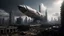 Placeholder: A small, long, sleek Spacecraft in a ruined alien city, surrounded by tall damaged buildings, clear sky, small white clouds, photorealistic