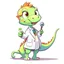 Placeholder: Cartoon illustration for children: Cute female dinosaurus in a white doctor's coat, holding a pincer