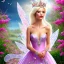 Placeholder: fantasy fairy with transparent wings, smiling, make up, long platinum blond hair with crown and flowers, pink dress