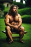 Placeholder: half figure shot photography of a burly strong stocky chubby muscular built short gipsy shirtless homeless hairy man 31 years old in opened broken shorts, manly chest, curly beard, dreadlocks,ajar mouth, sweat, wet, angry, sitting on a chair on the meadow, in a private elegant garden of a villa, raining nighttime, big shoulders, ambient occlusion, photorealistic, frontal view from the ground, dim light from little bulbs