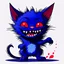 Placeholder: cartoon art from whimsical weird dark blue vampire cat with big head with crepy red eyes, black tail, big smile with sharp teeth, messy body hair, thin little body big paws sitting and looking devilishly, surreal crepy cute style , anime, comics, blur transparent background