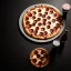 Placeholder: pizza on plate, donut on napkin, coca cola glass, black background