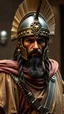 Placeholder: Create an image of an epic looking ancient Persian warrior from a museum . Make it look like an old picture with lighting like a modern AAA fantasy RPG. Show the whole body and metallic hat