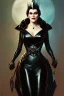 Placeholder: painting of evil queen in black leather, angry, strong, volouptous, busty, cleavage, emperious, mature, highly detailed, digital painting, artstation, concept art, smooth, sharp focus, illustration, art by gaston bussiere and alphonse mucha