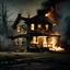 Placeholder: A eerie liminal space photo of a house with fire