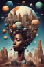 Placeholder: Generate an innovative and creative surrealism. An african head with planets and buildings surrounding
