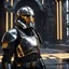 Placeholder: star wars bald male corellian pilot wearing pearlescent black and gunmetal grey First Order special forces heavy assault stealth commando armor and helmet with gold trim inside the jedi temple, hyperdetailed, dynamic lighting, hyperdetailed background, 8k resolution, volumetric lighting, light skin, fully symmetric details