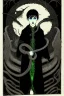 Placeholder: 7 year old boy, necromancer, friendly, looks dead,with a lamprey serpent , wearing black robes, in the style of Harry Clarke