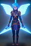 Placeholder: a person in runic armor with blue wings, blue short hair, runic tattoo and spell book