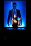 Placeholder: a digital image of a woman seated on a table, she is connected to string like a puppet, arms in air, moved by the strings, puppet like features in the face, beautiful face, behind her is a huge image of a man holding the strings, creepy character,.zoomed in, dark and shadowy background with selective lighting on the woman