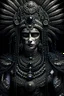 Placeholder: A beautiful vantablack woman portrait with voudore shamanism adorned with black ladybug headdress and earrings ribbed with black obsidian and white pearls wings metallic golden filigree organic bio spinal ribbed detail of vantablack shamanism background extremely detailed hyperrealistic maximálist concept att