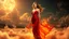 Placeholder: A beautiful woman stands in the center of a dreamlike, surreal landscape. She wears a flowing, revealing red dress that clings like liquid fire to her form, catching the light as though woven from silk and flame. Half of her body is bathed in a warm, golden glow, while the other half is cloaked in deep, living shadows that move and curl around her like sentient smoke. Her expression is unreadable—serene, yet tinged with danger—as if she exists between temptation and mystery. Behind her, the sky