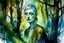 Placeholder: fantasy watercolor painting of a female oread in a shadowy primeval forest background