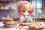 Placeholder: watercolor and ink, cute chibi anime sad girl baking cookies, ethereal, cinematic postprocessing, bokeh, dof