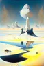 Placeholder: White desert sands with black tower surrounded by floating islands painterly fantasy art