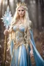 Placeholder: Full body Photography Beautiful Elven princess,blonde gold hair,rapunzel hair,very long hair,elven crown, light blue, white, ice, glitter,sparkle,ice flowers,elven ears,fairy princess, ice fairy,golden armor,ice crystals