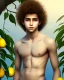 Placeholder: beautiful 12 year old arabic boy with long, curly hair and light blue eyes, smiling, shirtless, in front of a distant mango tree