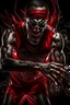 Placeholder: a photorealistic 12k ultra-high-definition rendering of an attractive but mean and cool looking zombie, upclose captured in a dynamic action shot dunking the ball, Wearing a red and white skinny NBA shirt with nail scratch marks, a cool usa sweatband, trendy basketball sneakers, black tights, product photography focus, an explosive and dark background