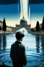 Placeholder: Art poster for a book about the city of Geneva with its large fountain, 'Jet d'Eau', in the background. Dystopian fiction. No words. A 20 year old male is standing by the lake. He has dark messy hair. Hundreds of people are floating in the air.