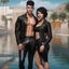 Placeholder: An extremely muscular young man with pixie-cut black hair, wearing a black leather jacket and pants, standing next to a beautiful woman with black hair who is wearing a black two-piece bathing suit with a perfect shaped body, and a perfect face, 4k, 8k, 32k UHD, Hyper realistic, extremely colorful, vibrant, photorealistic, realistic, sharp, highly detailed, professional quality, beautiful, awesome, majestic, superb, trending on artstation, pleasing, lovely, Cinematic,