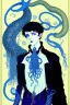 Placeholder: 16 year old boy warlock with milky blue eyes, and 1lamprey tentacle coming out of his belly in the style of Harry Clarke