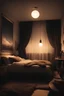 Placeholder: cozy bedroom at night from with a one lamp on, room is darken, where the bed is positioned close to the window, and there's no moon in sight