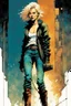 Placeholder: create an imaginative full body print illustration of an ethereal, otherworldly , pale anthropomorphic female thief with short flaxen hair wearing ragged leather clothing and boots , in the comic book art style of Bill Sienkiewicz, Mike Mignola, and Jean Giraud Moebius, with highly detailed feminine facial features , finely drawn, colored and inked,