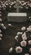 Placeholder: A grave in a field full of roses. Above the grave is a white lace scarf and a gun.cinematic