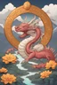 Placeholder: Bitcoin cryptocurrency stands in the middle and a dragon is around, moutains are far away, it is happy new year, we can see flowers are in full bloom