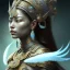 Placeholder: Sango fantasy, fantasy magic, intricate, sharp focus, illustration, highly detailed, digital painting, concept art, matte, art germ and Paul Lewin and Kehinde Wiley, masterpiece Mayan princess dancer head bronze feather's' Asian Latin girl nice breast brown Thai hair turquoise silver blue sky