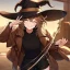 Placeholder: Clear focus, High resolution, short brown spiky hair, hair between eyes, eyes closed, wearing a brown detective hat, wearing a brown jacket and a black shirt, wearing black shorts, 1girl, pulling at down, smiling