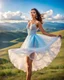 Placeholder: full-body closeup shot of a young, beautiful girl with a perfect face and makeup,wearing pretty dance dress standing in a stage in open air nice hills , blue sky ,pretty clouds at distant