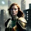 Placeholder: ultrarealistic, ruined city,__sci-fi armor__, __angles__, 18 year old woman, strikingly beautiful, ginger hair, _colour_, [__starlets__|__starlets__], (pale __skincolor__ skin:1.2), __camera__, _hair_, detailed face and eyes, medium breasts, leather choker, freckles, dynamic pose, resolved expression, __accessory__, strappy outfit, (straps:1.1), sword in scabard on left hip, (buckles, buttons, snaps, rings:1.0), haltertop style breastplate, detailed eyes, plump lips, sci-fi theme