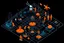 Placeholder: innovation - solarpunk theme illustration - people celebrating, isometric, orange elements, black background, happy people, scientific, flying drones, radar