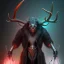 Placeholder: BEAST - Rendezvous,dark figure with scythe, full body, glowing eyes, grey mist, light rays, torch, cute glassy eyes, twisting antlers