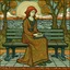 Placeholder: a painting of a lady sitting on a bench by Steve Brodner, pixiv, naive art, tarot card, whimsical, woodcut