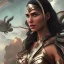 Placeholder: Wonder woman fighting a giant insect, futuristic design, a paradise in background, close-up face, geometric armor, female face, 3d unreal engine, black face, close up armor, church detail, lovely face