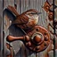Placeholder: Small brown wren with intricate feathers perched on a weathered barn door, the door is cracked and rotting with a rusting handle, intricate woodgrain patterns with peeling paint, rusted bolts, deep textures, acrylic art, highly detailed