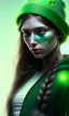 Placeholder: girl, cute, beautiful, long hair, wavy hair, green hair, blue eyes, green beanie, green coat, black tee shirt, green shorts, head and shoulders portrait, 8k resolution concept art portrait by Greg Rutkowski, Artgerm, WLOP, Alphonse Mucha dynamic lighting hyperdetailed intricately detailed