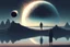 Placeholder: person seeing a grey exoplanet in the horizon, lagoon, sci-fi, very epic