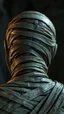 Placeholder: Busch painting style nightmare, a zoomed rear view of the mummy by his face skin is a rusted broken metallic skin texture in a 3d rendering full-height image of a grim and dark scene. Ensure the final images exhibit the utmost quality, encompassing 4K, 8K, and 64K resolutions, with 3D rendering that manifests in photorealistic, hyperrealistic, and highly detailed representations. Employ techniques such as HDR, UHD,