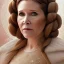 Placeholder: hyperspace background, complete and photo realistic detailed head to waist stunning photo realistic portrait of carrie fisher as Princess Leia in star wars with photo realistic wedding hairstyle by Mandy Jurgens and mucha and Richard Schmid and chuck close and chie yoshii, extraordinary and detailed ceremony dress of star wars,brown eyes