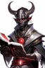 Placeholder: En Young male black skin tiefling fra dnd holding a book with Arcane Magic in a silver and White Rope. His horn a perfectly place on acet from the front to the back pointing upwards with glowing Red cat Eyes