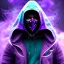 Placeholder: purple galaxy masked hooded super villain, weapons in hands, teal and purple smoke, full portrait, hyper realistic, 4k